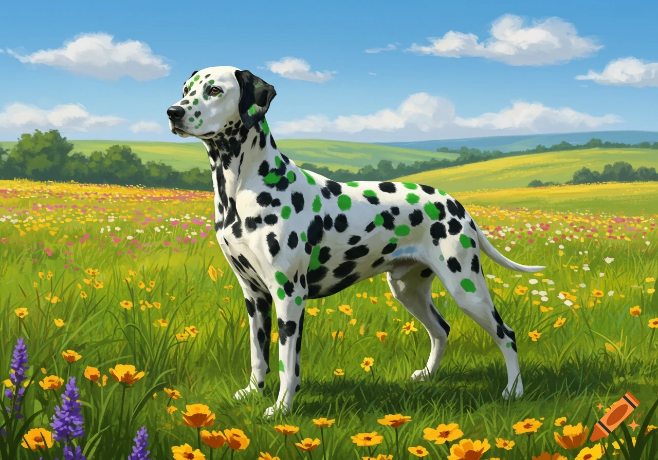 A Dalmatian with black and green spots stands in a vibrant field of colorful wildflowers under a bright blue sky.