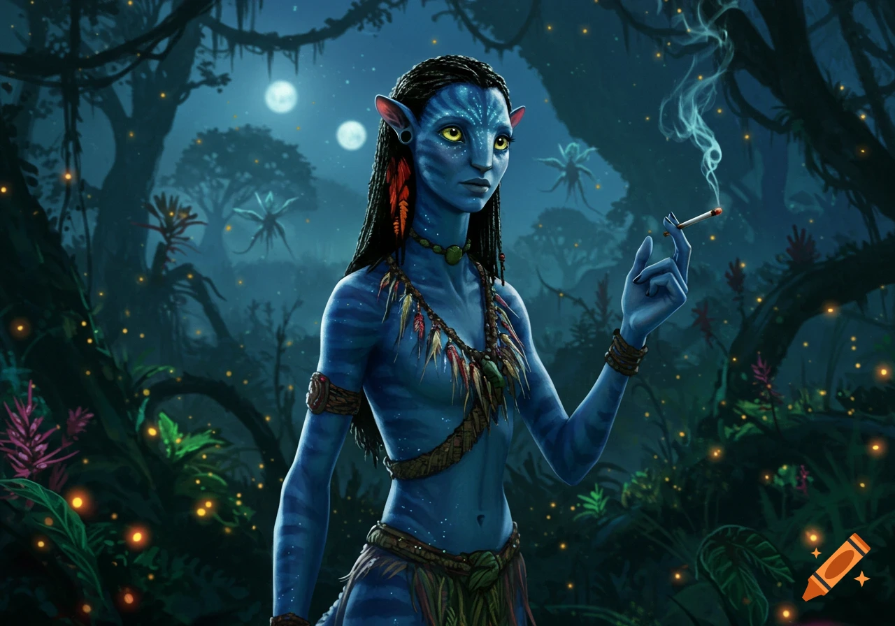A blue-skinned Na'vi woman with yellow eyes and braids, wearing tribal attire, holds a smoking cigarette in a bioluminescent jungle at night.