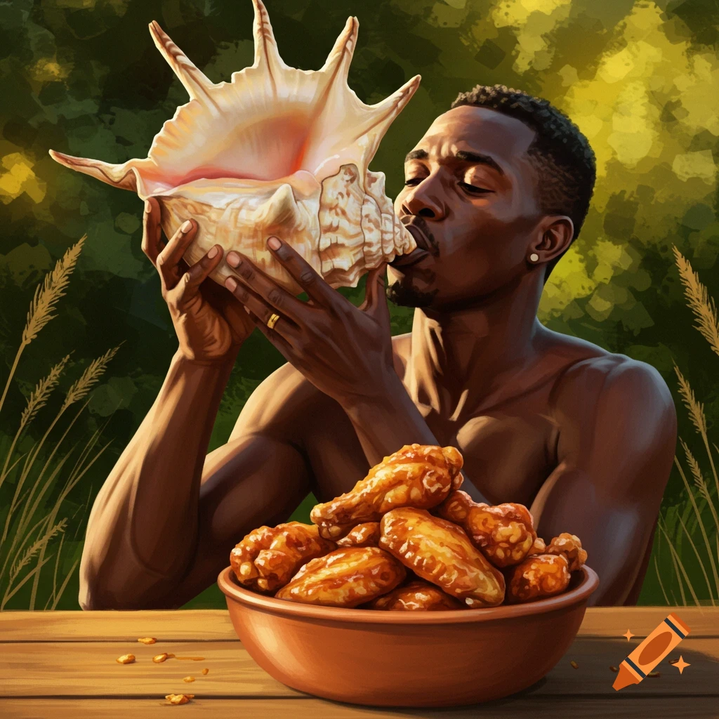 Man blowing into a conch shell with a bowl of chicken wings on a wooden table outdoors, digital painting.