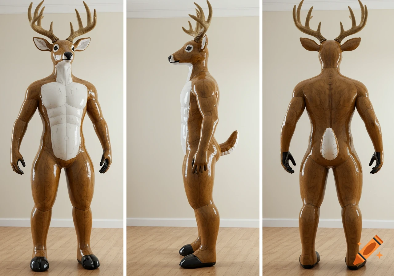 Three views of a giant glossy brown anthropomorphic inflatable deer buck statue standing in a room.
