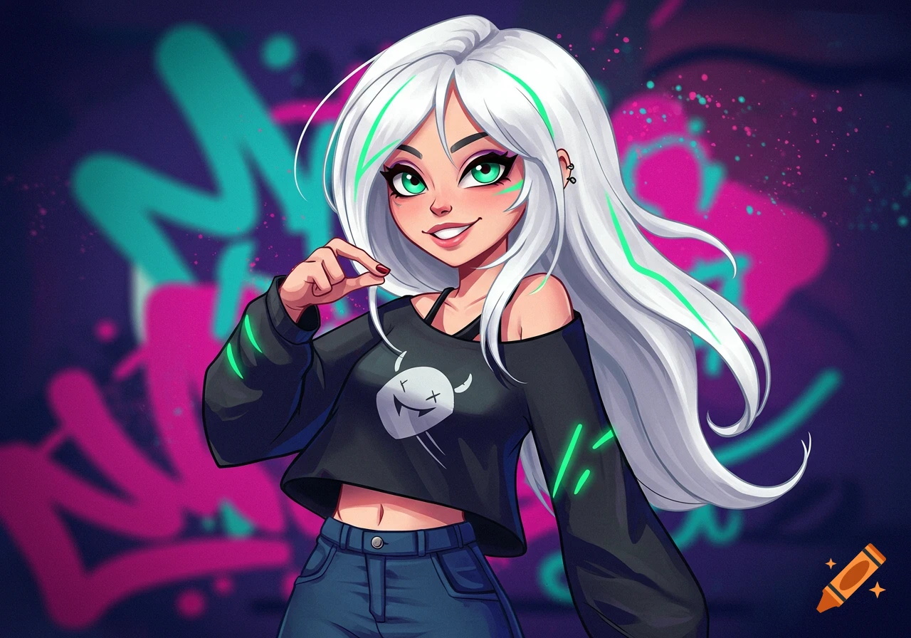 Smiling cartoon girl with white hair and green streaks, wearing a black crop top, standing against a neon graffiti background.