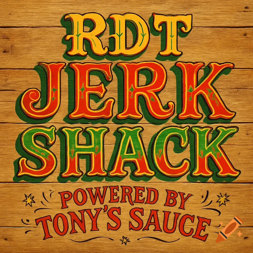 Vibrant vintage fairground-style wooden sign for 'RDT JERK SHACK' powered by 'TONY'S SAUCE'.