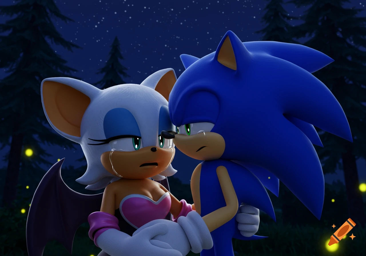3D animated Rouge the Bat cries with tears, while Sonic the Hedgehog comforts her with his arm around her at night in a forest with fireflies.