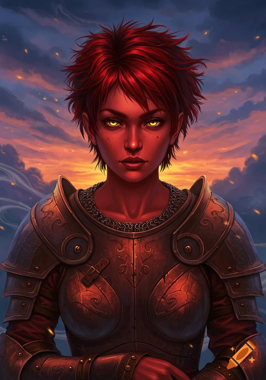 Fantasy portrait of a dark-red skinned warrior woman with short red hair and glowing yellow eyes in ornate armor against a dramatic sunset sky.