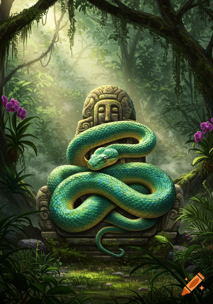 A vibrant green snake with yellow markings coiled around a mossy, ancient stone statue in a lush, sun-dappled jungle with purple orchids.
