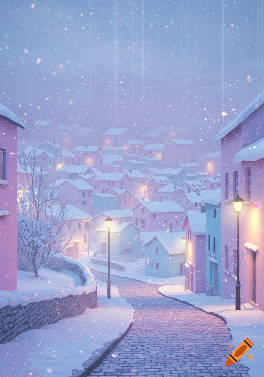 Dreamy, surreal snow-covered town with pastel houses, illuminated streetlights, and a cobblestone path under falling snow.