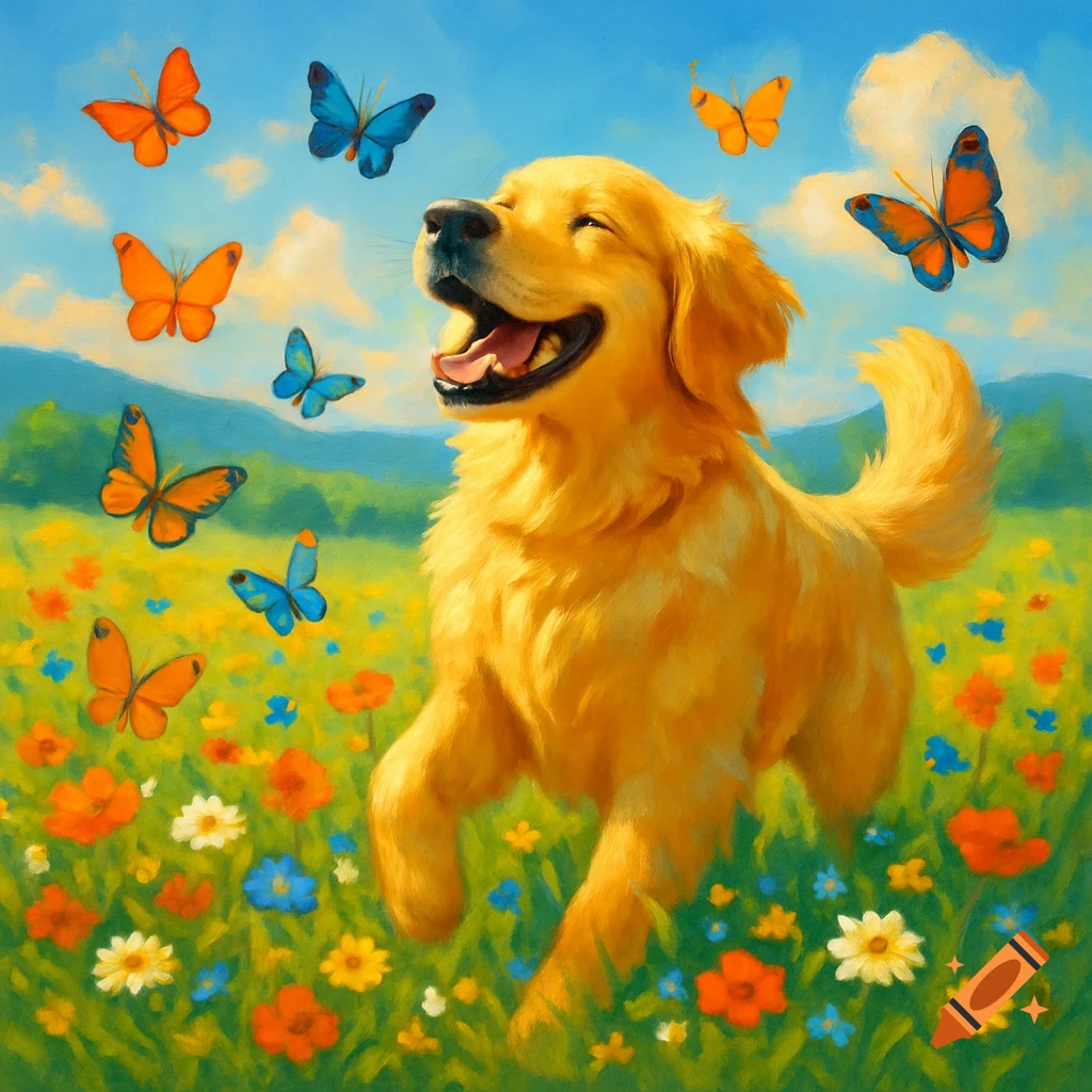A happy golden retriever running through a field of colorful wildflowers with butterflies flying around, in a vibrant painterly style.