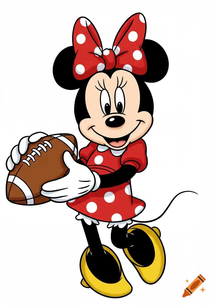 Minnie Mouse in a red polka dot dress holds a football with a happy expression in a cartoon style.