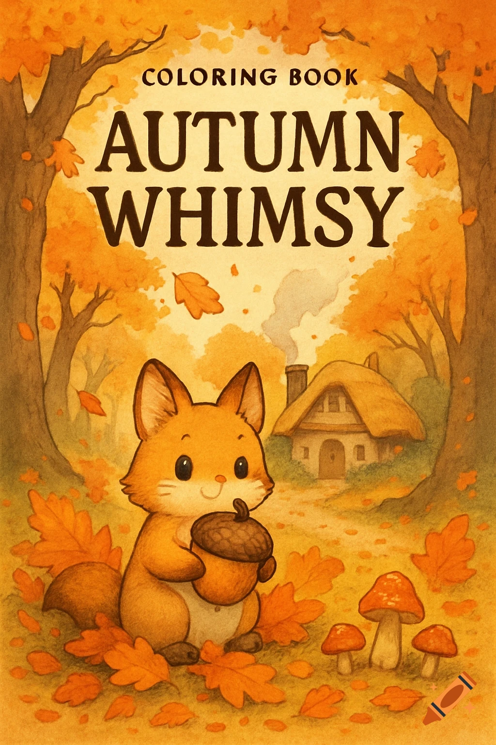 Watercolor-style cover for an 'Autumn Whimsy' coloring book, featuring a cute fox holding an acorn among autumn leaves and mushrooms, with a cottage in the background.