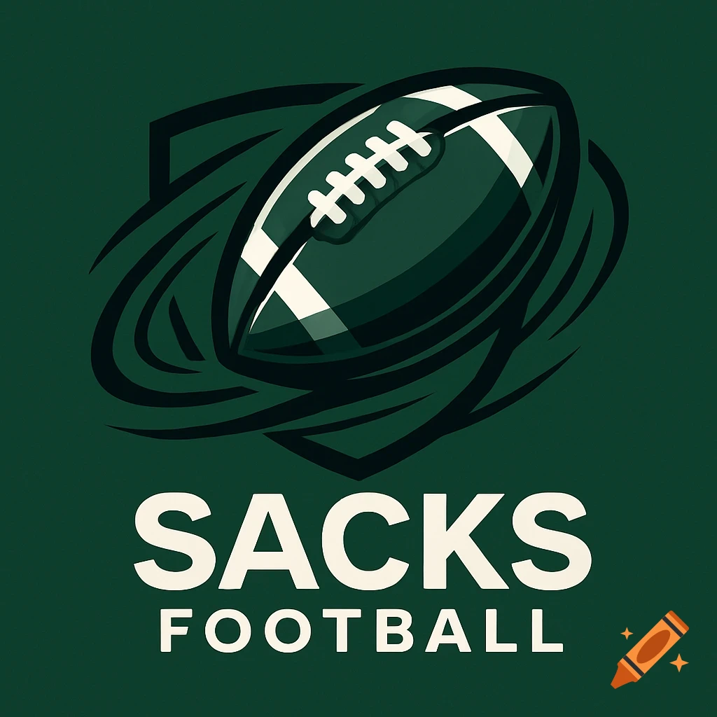 A dark green football logo with a stylized football in motion above the white text 'SACKS FOOTBALL' on a dark green background.