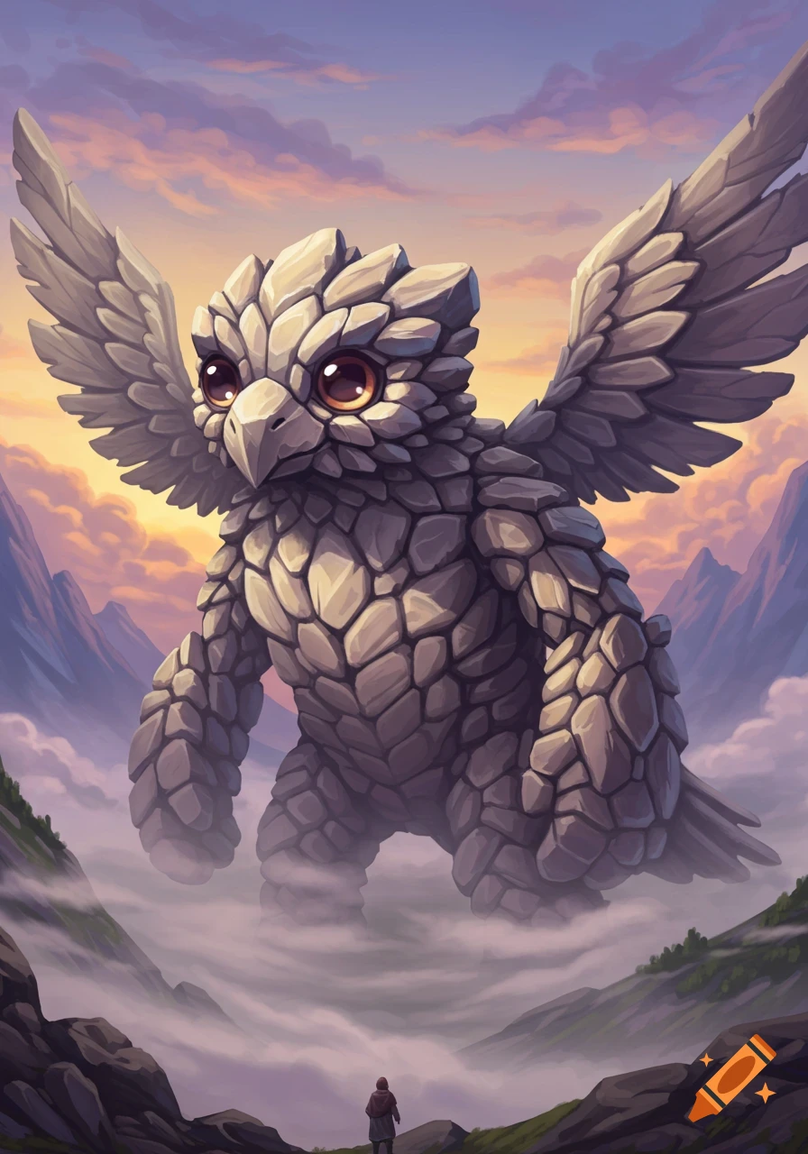 A massive, cute, bird-like rock creature with big eyes stands in a cloudy mountain valley, looking down at a tiny person under a sunset sky.