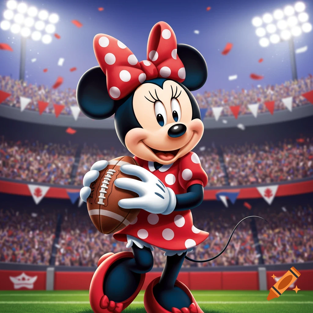 Minnie Mouse in a red polka-dot dress holding a football on a green field in a stadium filled with cheering fans.