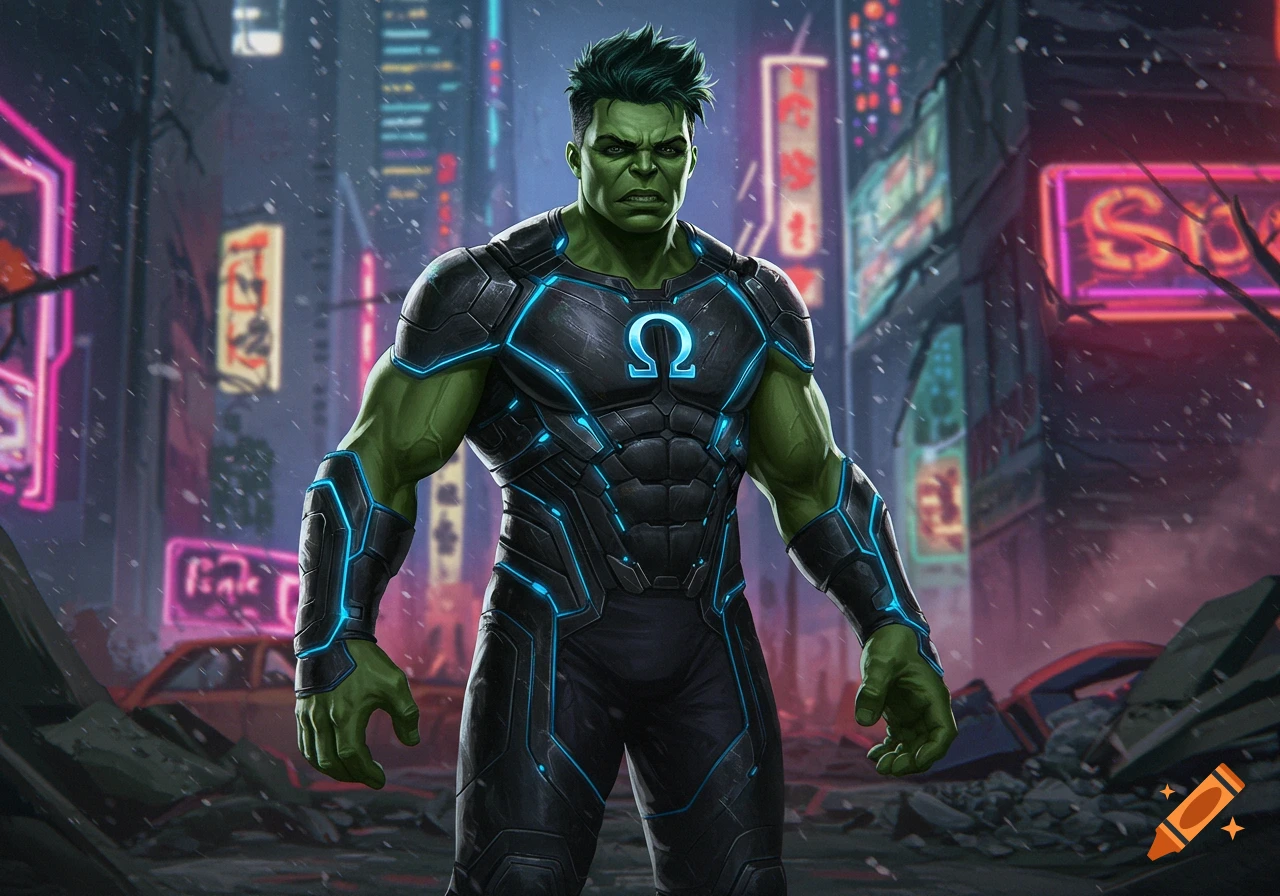 A muscular green-skinned man with spiky hair, resembling the Hulk, wears a futuristic black and blue battle suit with an Omega symbol. He stands in a neon-lit, snowy cyberpunk city with destroyed cars.