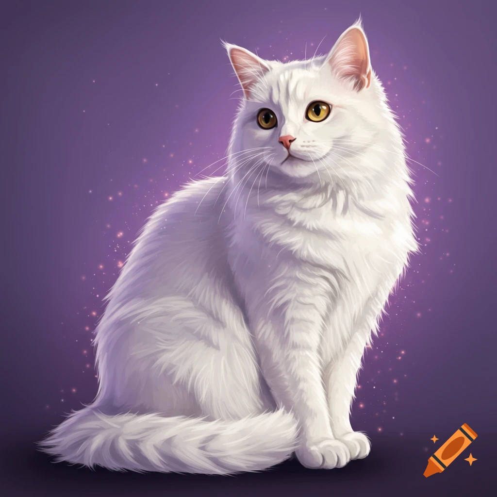 A fluffy white cat with amber eyes sits against a sparkling purple background. Digital art.