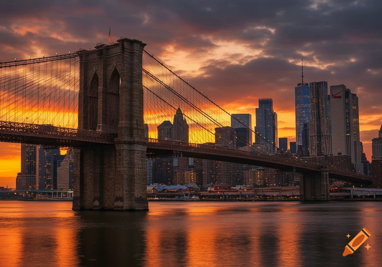 Photorealistic image of the Brooklyn Bridge silhouetted against a vibrant orange and purple sunset sky over a city skyline.