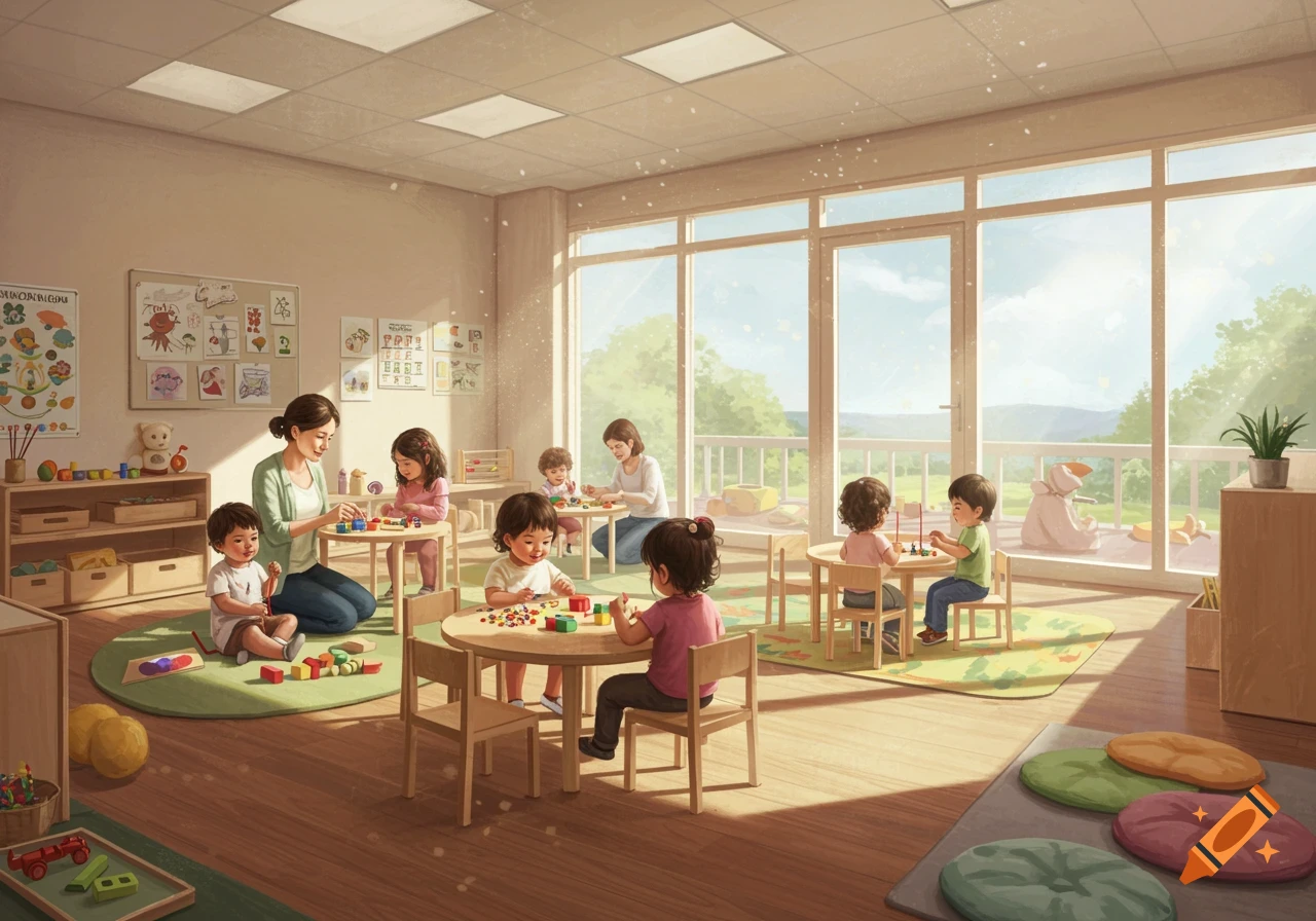 Children and adults in a bright, sunlit classroom, playing with blocks and other toys at small tables. The room has large windows and colorful artwork on the walls.