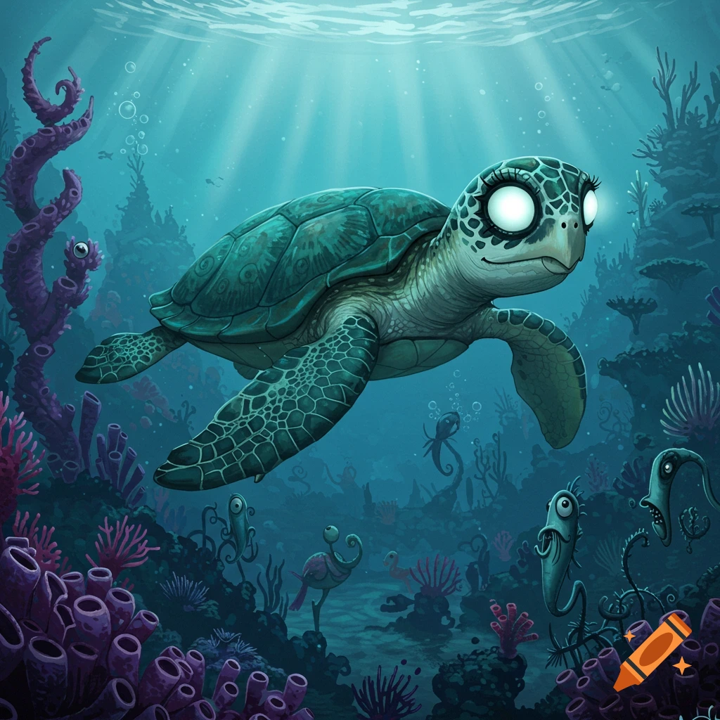 A stylized sea turtle with large, glowing eyes swims through a dark, whimsical underwater coral reef in Tim Burton style, with eerie background creatures.