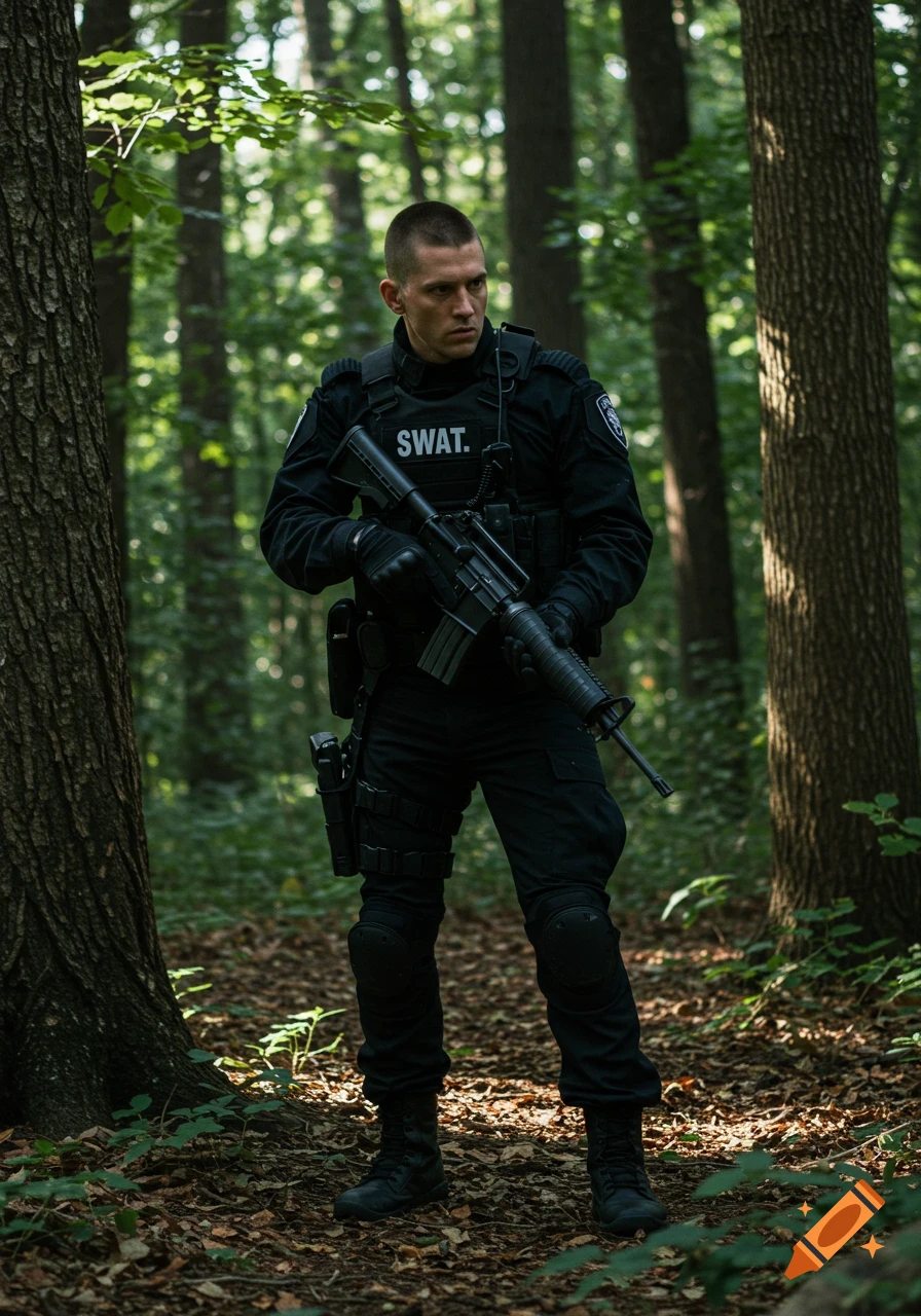 Photorealistic image of a white male in a black tactical SWAT uniform with an M16 rifle standing in a forest.