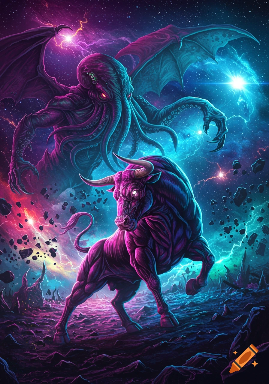 A stylized neon bull faces a massive tentacled Cthulhu in a vibrant cosmic battle scene with nebulae.