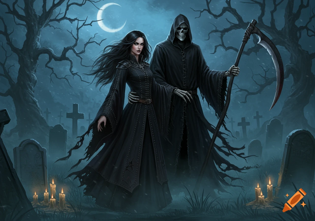 A witch and the Grim Reaper stand in a misty graveyard under a crescent moon, lit by candles.