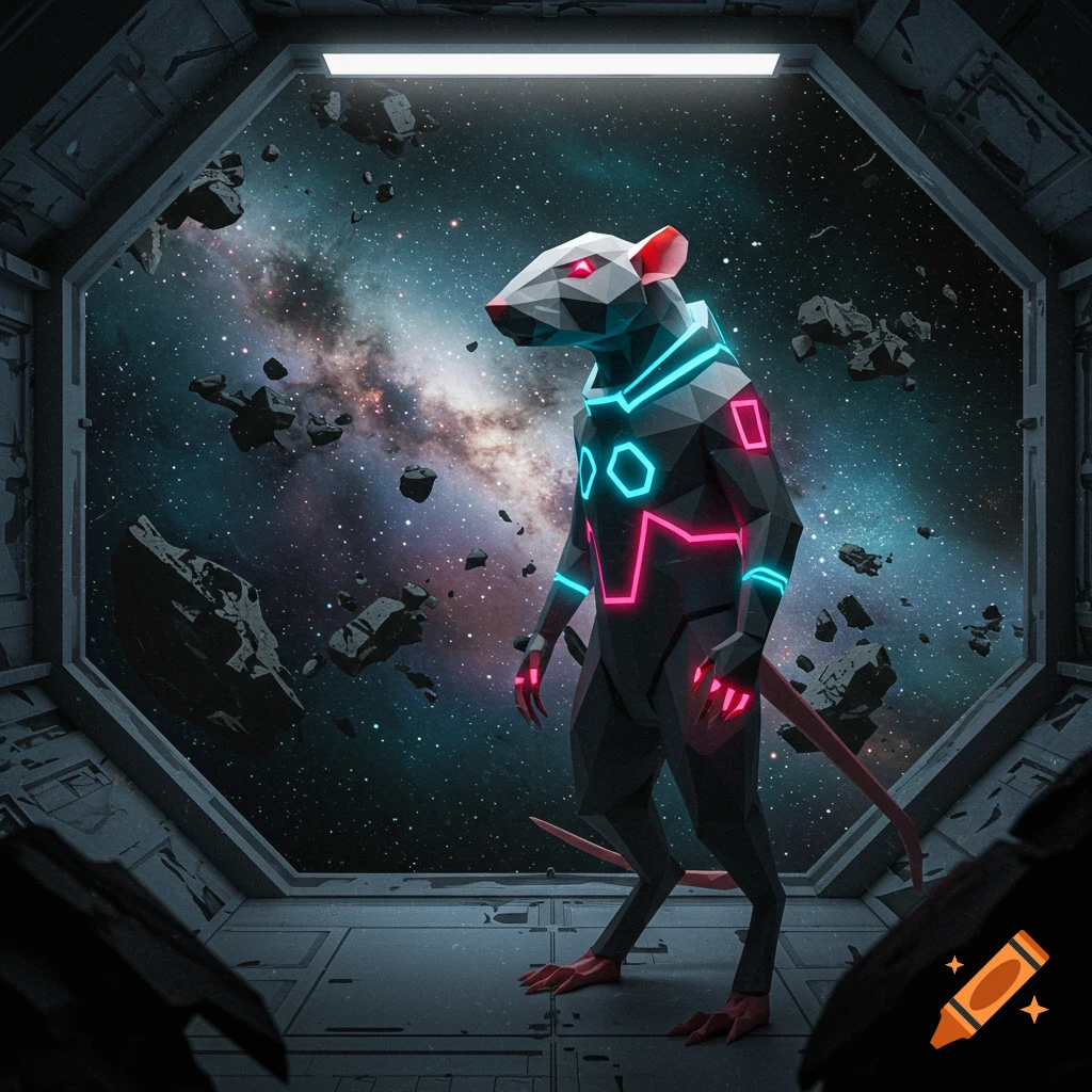A low poly rat humanoid with glowing neon lines on its suit stands in a spaceship looking out at space with asteroids.