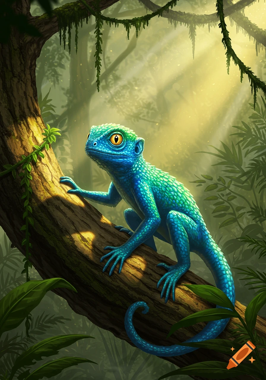 A vibrant blue and green scaled lizard with yellow eyes clings to a sunlit tree trunk in a lush jungle, illustration.