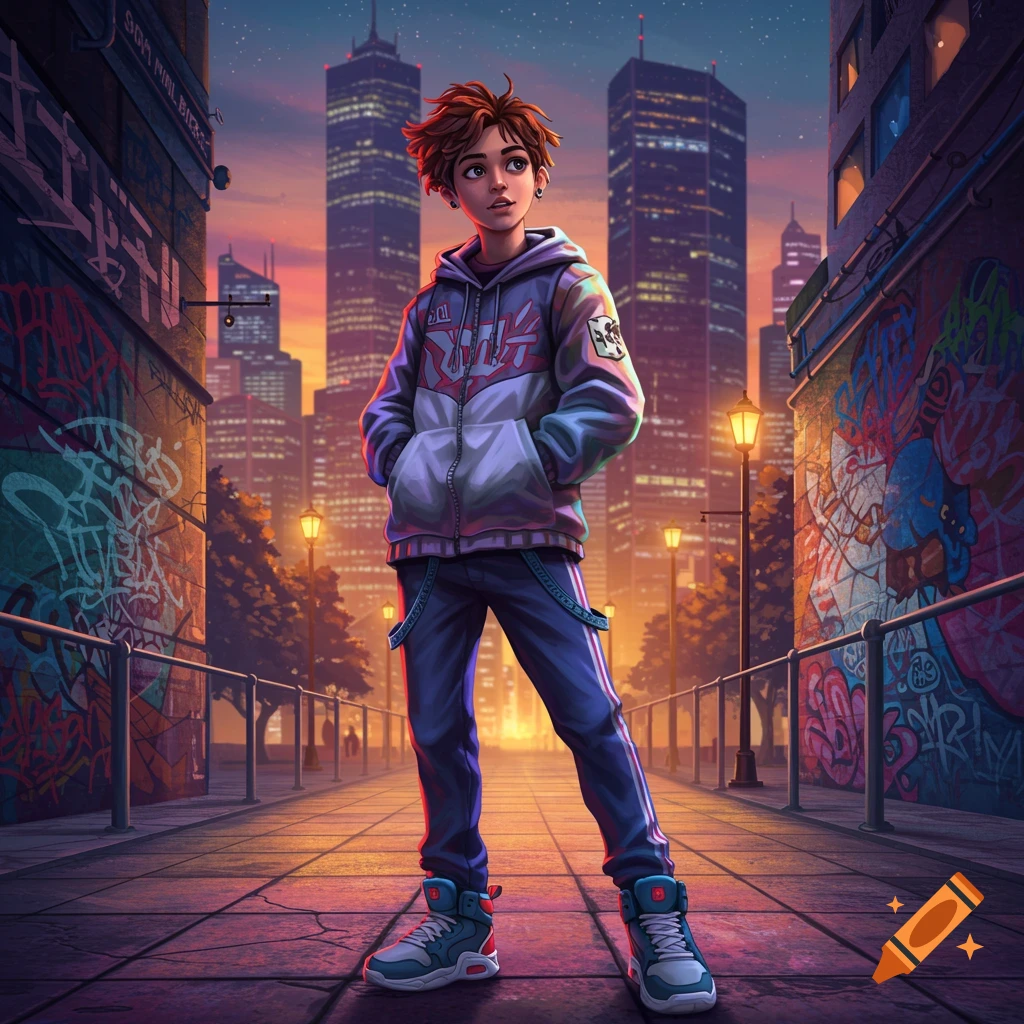 An anime-style teen with spiky red hair in a hoodie and track pants stands on a graffiti-covered urban street at sunset, with skyscrapers in the background.