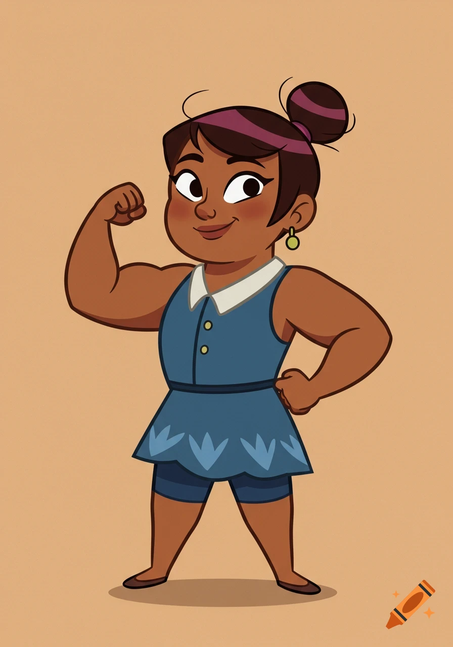 A cartoon woman with dark skin and hair in a bun, wearing a blue dress, smiles confidently while flexing her right bicep.