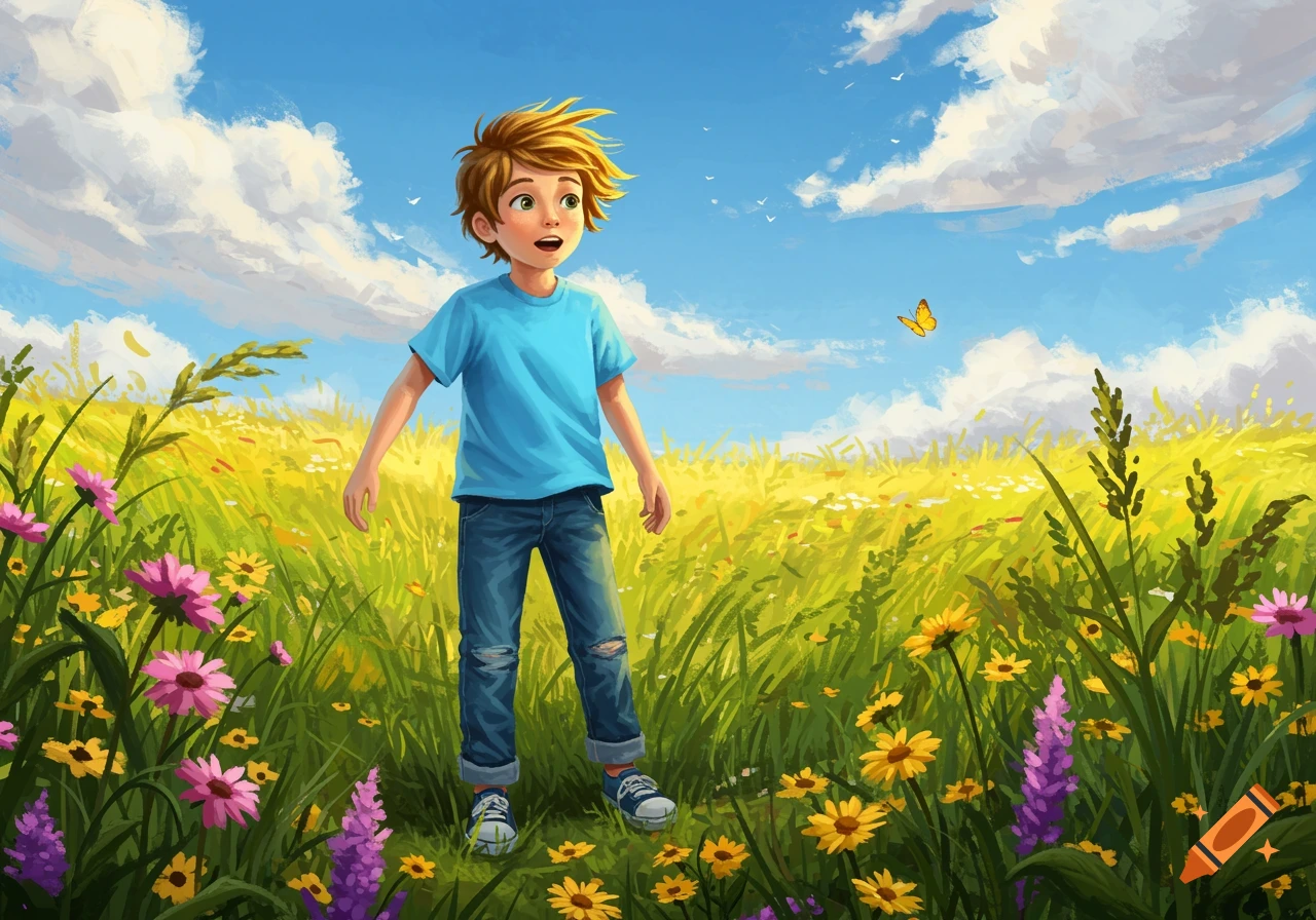 An illustration of a young boy with blond hair in a blue shirt and jeans, looking surprised at a yellow butterfly in a vibrant field of wildflowers.