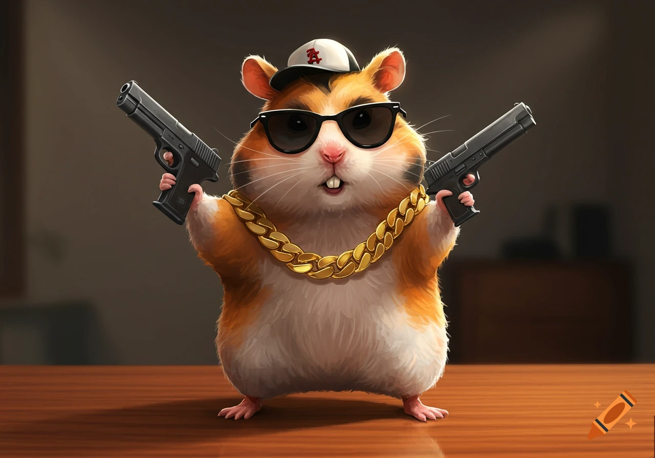 A cartoon hamster in sunglasses, a sideways hat, and a gold chain holds two pistols.