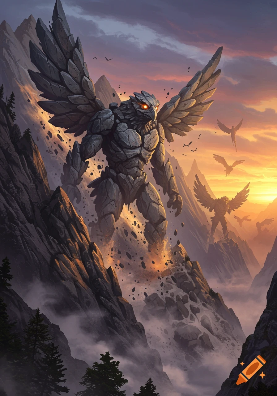 Giant rock eagle monsters cause a rockslide down a mountain at sunset, with more creatures flying in the distance.