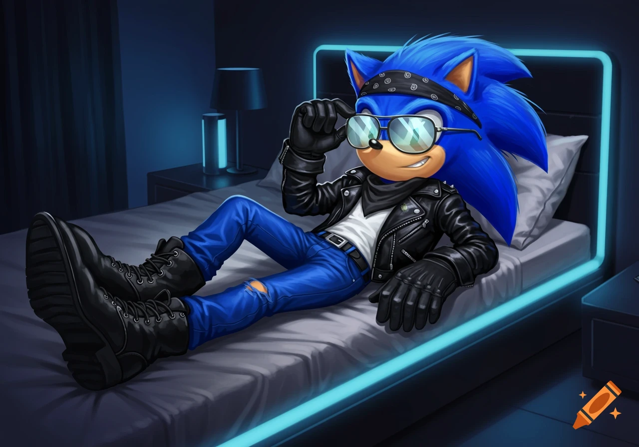 Sonic the Hedgehog in a biker jacket, blue jeans, and mirrored sunglasses, lounging on a bed with a playful smirk in a dark, neon-lit room.