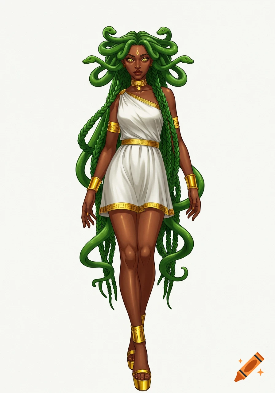 Dark-skinned Medusa with green snake braids, yellow eyes, a white Greek dress, and gold jewelry on a white background, in an illustrative style.