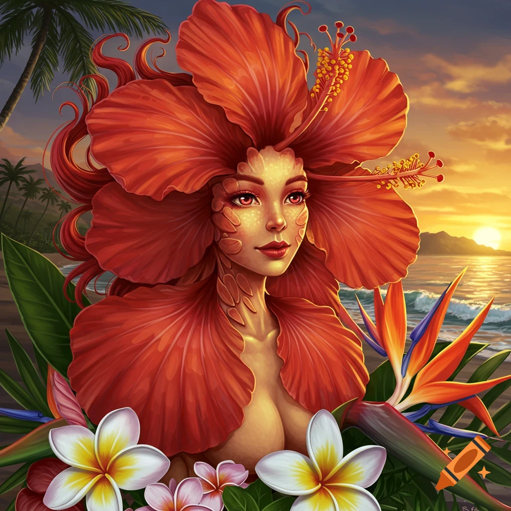 A beautiful fantasy woman with red hibiscus petals forming her hair and clothing, surrounded by tropical flowers against a sunset beach backdrop.