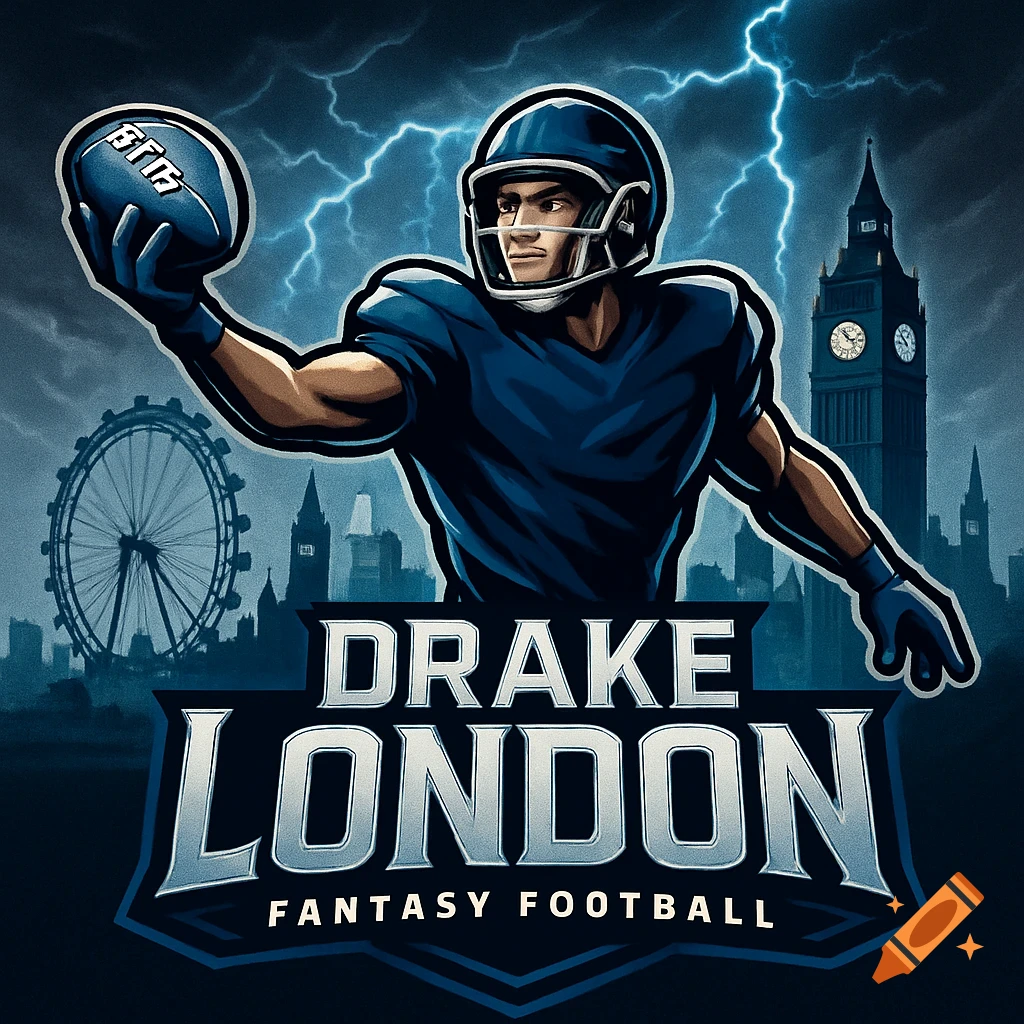 Illustration of an American football player holding a ball in front of London landmarks with lightning. Text: DRAKE LONDON FANTASY FOOTBALL.