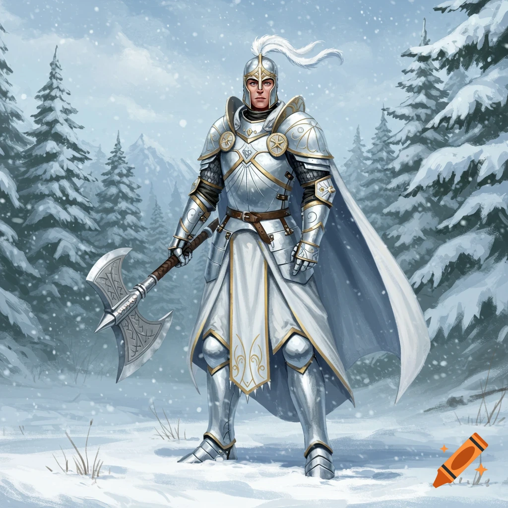 A paladin in white and gold armor, wielding a battle axe, stands in a snowy forest.