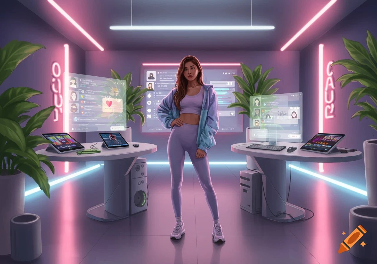 A woman in athletic wear stands in a futuristic room with glowing neon lights and holographic social media screens.