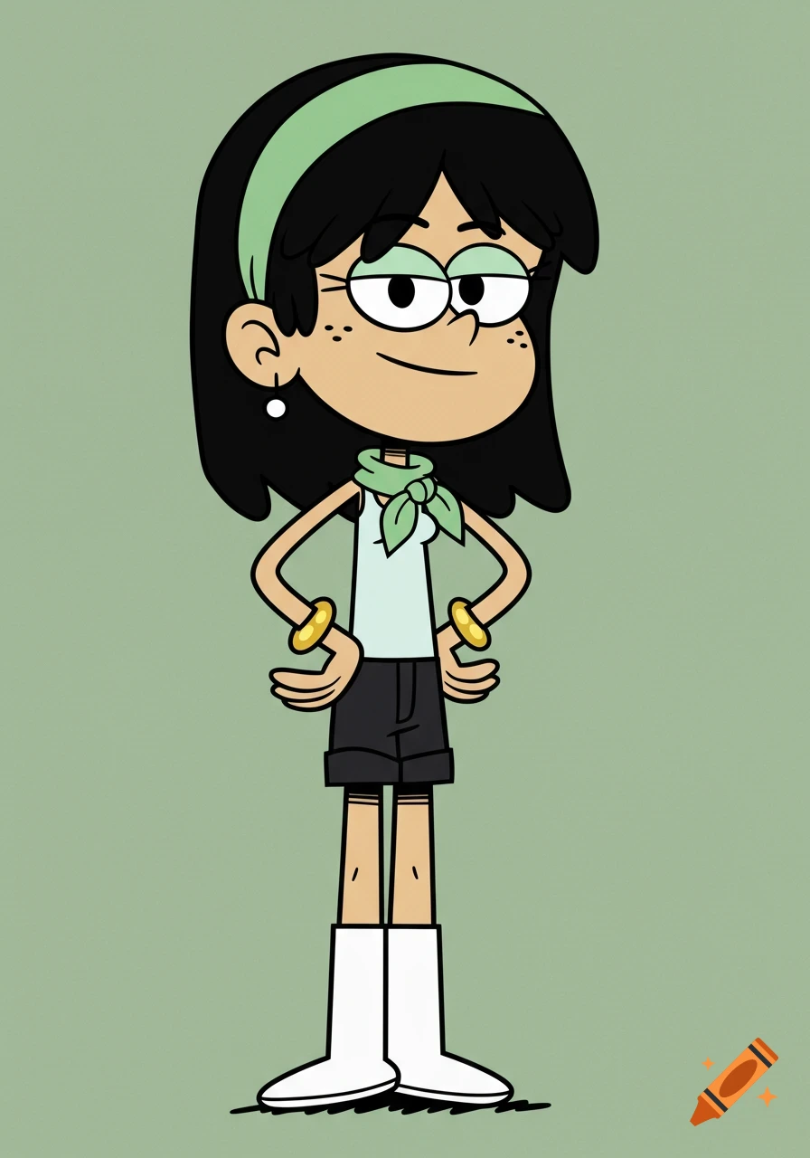 Cartoon girl with black hair, green headband and scarf, white tank top, black shorts, gold bracelets, and white boots, hands on hips.