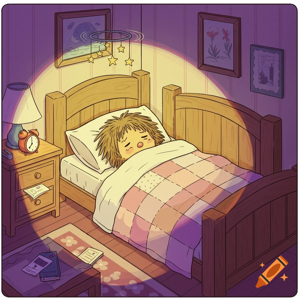 A cartoon character with spiky hair sleeps soundly in a cozy bed with a patchwork quilt, under the warm glow of a lamp.