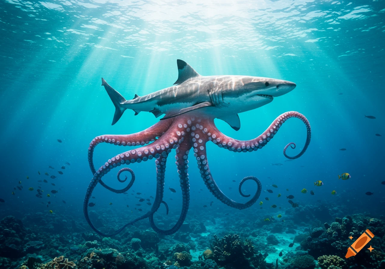 A realistic hybrid creature, a shark with large pink octopus tentacles as its body, swims underwater over a coral reef with small fish and sun rays.