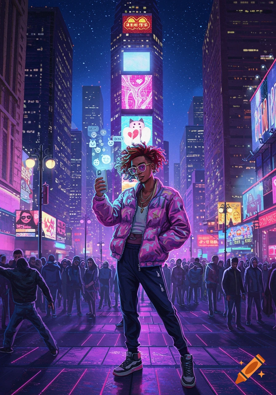 A stylish person holds a phone amidst a neon-lit cyberpunk city street with social media emojis floating. Digital art.