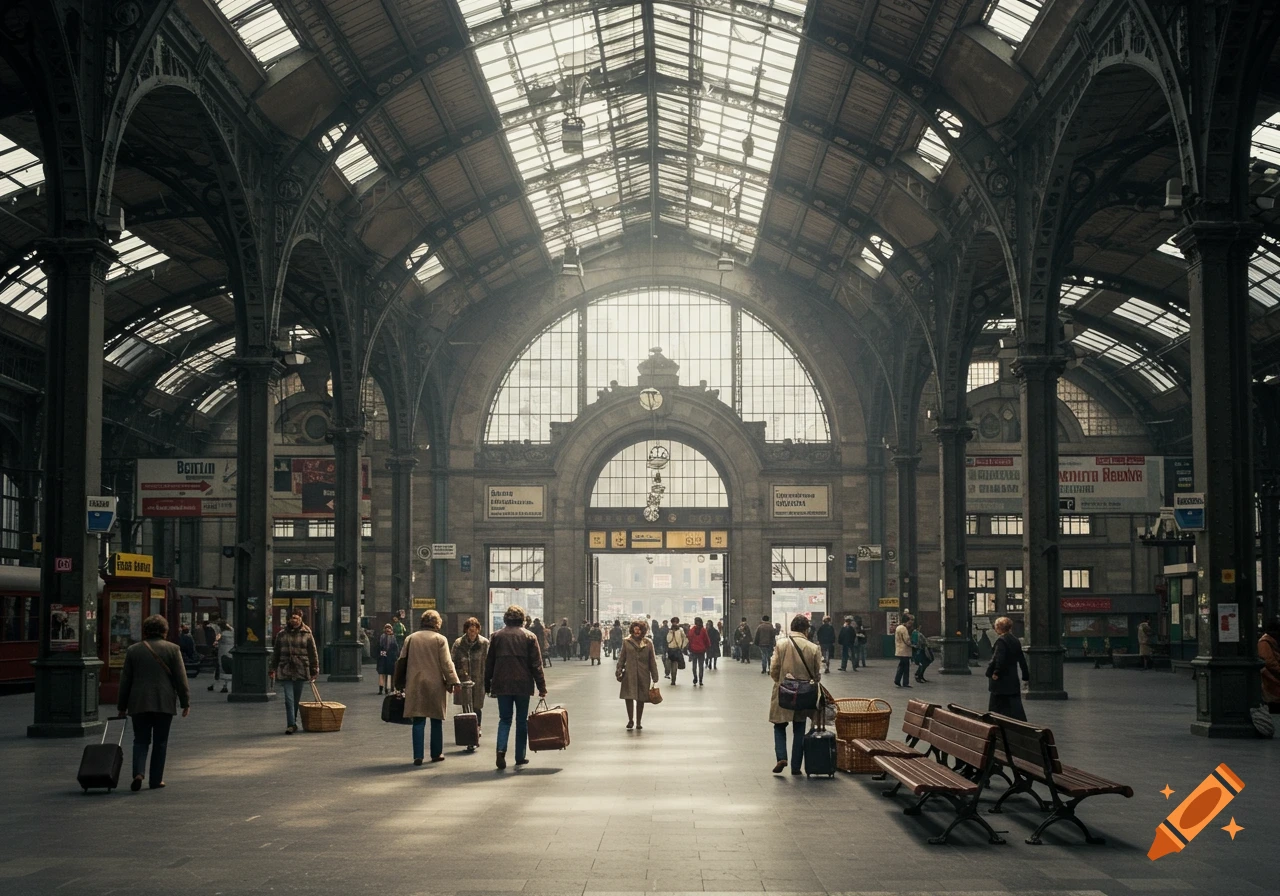 Photorealistic wide shot of a grand 1970s train station interior with high arched ceilings and large windows, travelers with luggage.