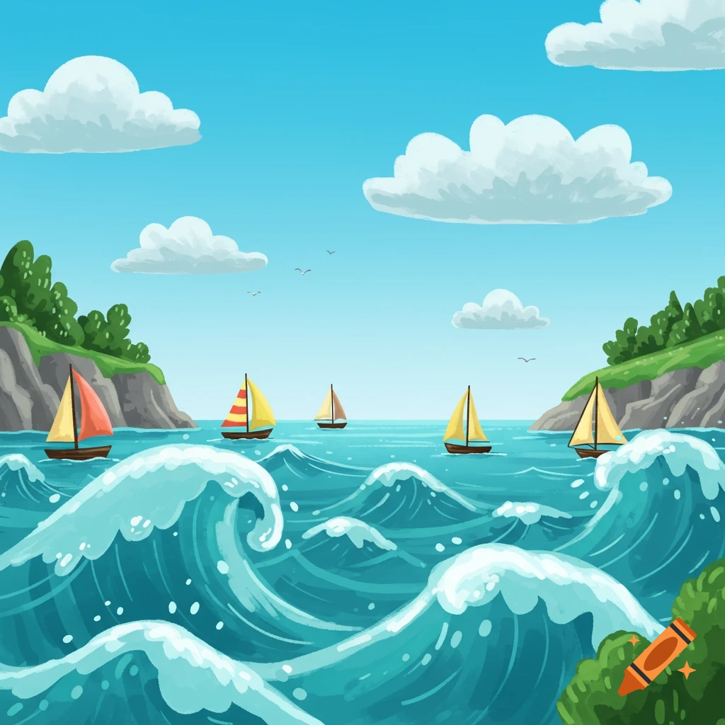 Cartoon seascape with multiple sailboats on turquoise, wavy water, surrounded by green, rocky islands under a blue sky with fluffy clouds.