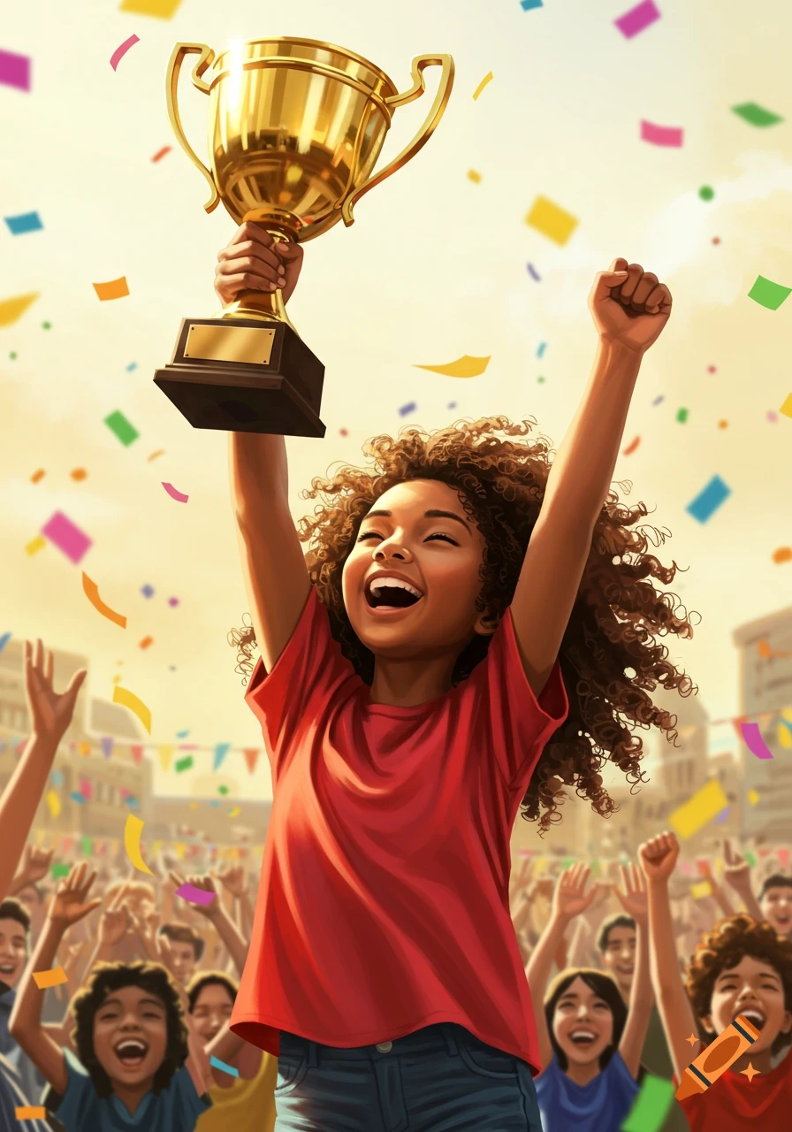 A joyful young girl with curly hair holds up a golden trophy, celebrating with her arms raised amidst a cheering crowd and falling confetti.