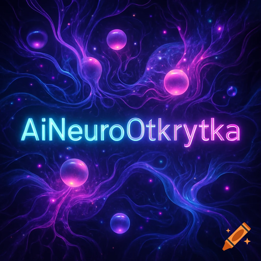 Glowing neon text "AiNeuroOtkrytka" amidst abstract blue and purple neural networks and luminous spheres on a dark background.