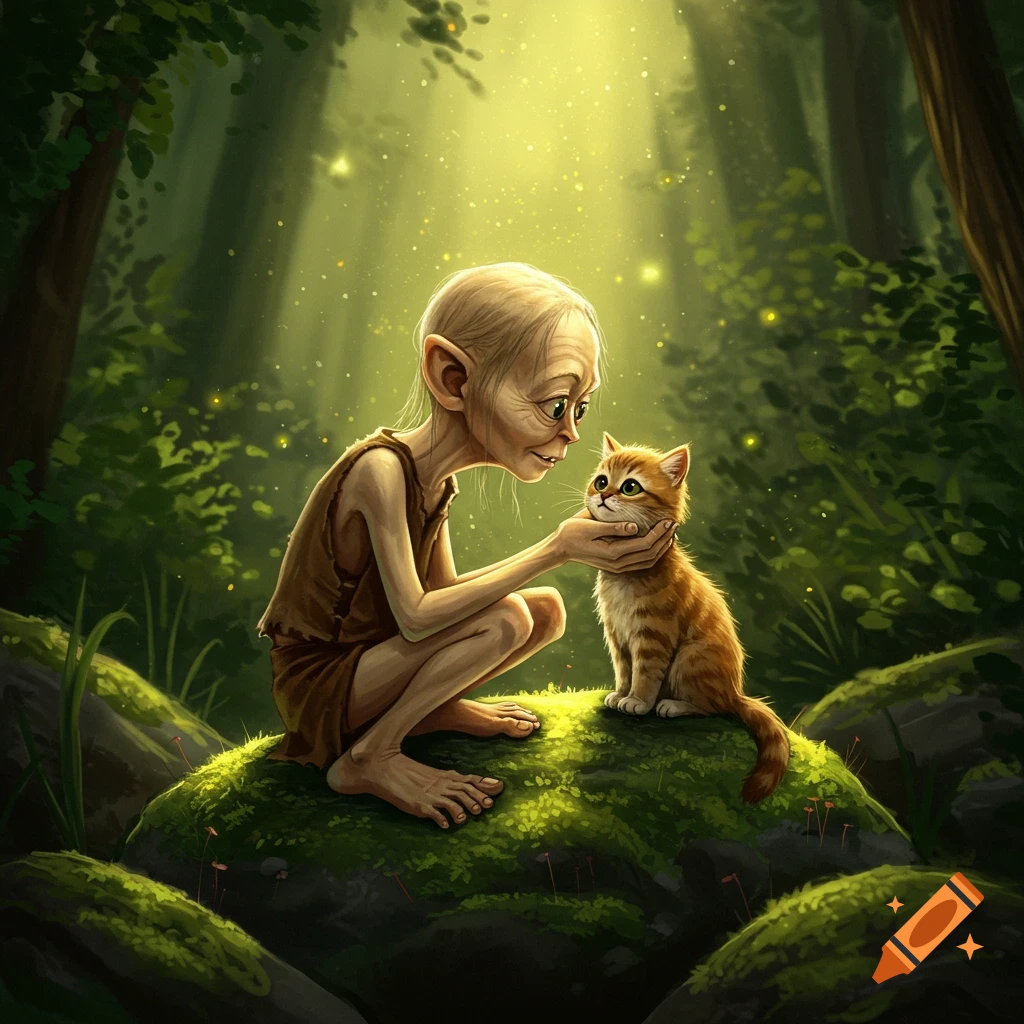 Gollum gently pets an orange kitten in an enchanted, mossy forest with glowing lights, detailed illustration.