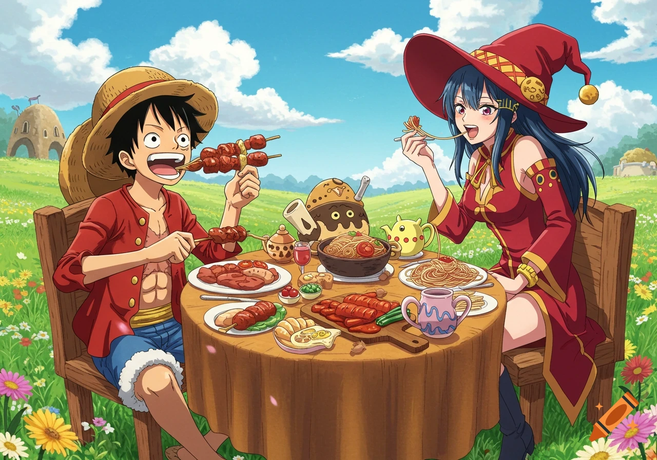 Anime characters Luffy and a woman eating skewers and spaghetti at an outdoor picnic table in a sunny, flowery field.