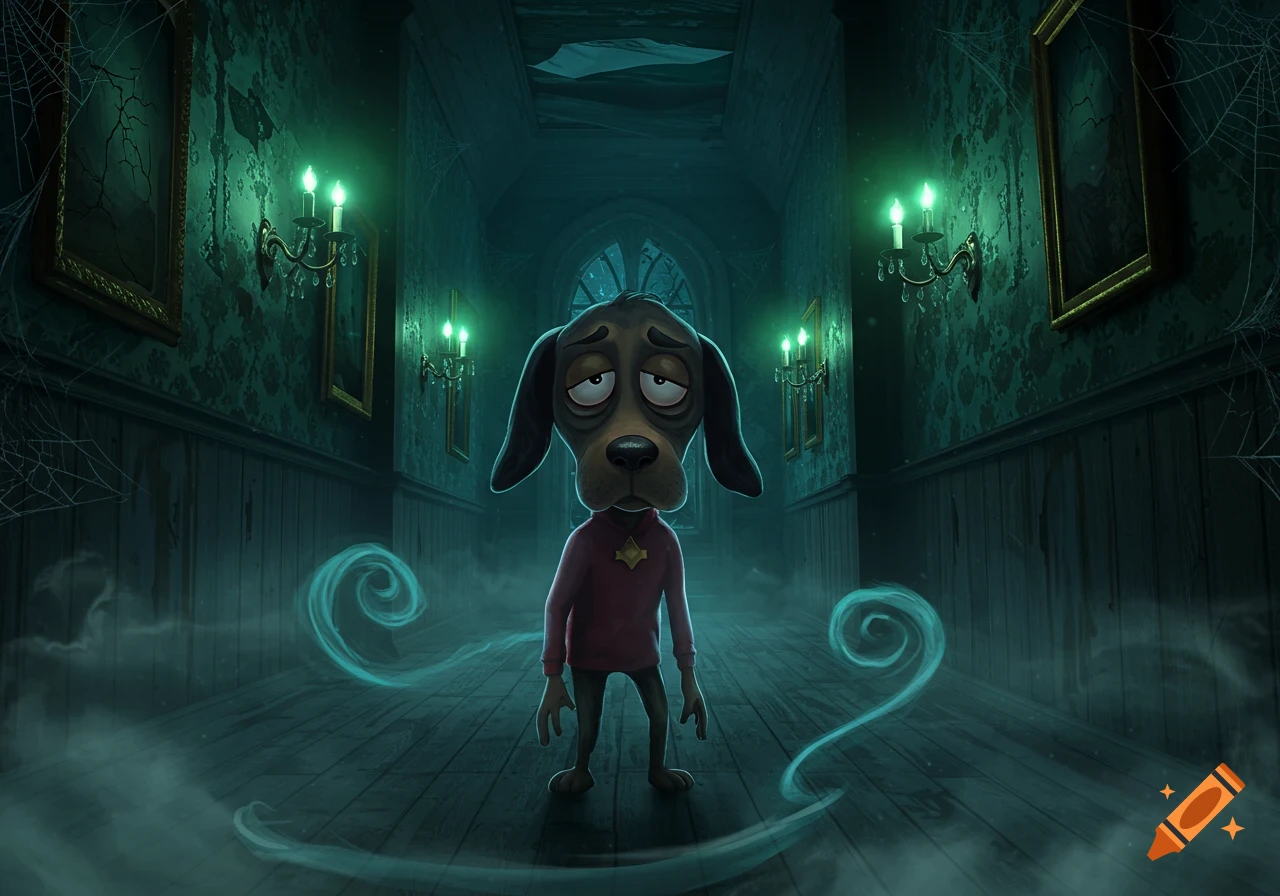 A sad-looking cartoon dog character stands in a gloomy, green-lit haunted house hallway with cobwebs and ghostly mist.
