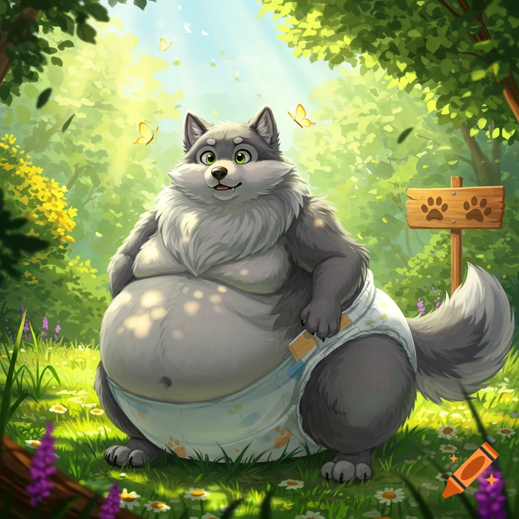 A plump, smiling cartoon wolf in a diaper sits in a sunny forest clearing with flowers and butterflies.