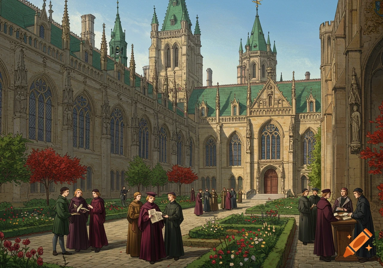 Illustrated scene of a 16th-century university courtyard with Gothic architecture, scholars in robes, and manicured gardens.